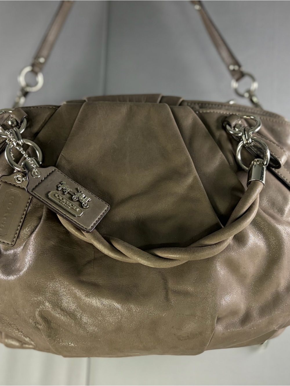 Authentic Coach Madison Sophia Satchel in Shimmery Taupe Leather.